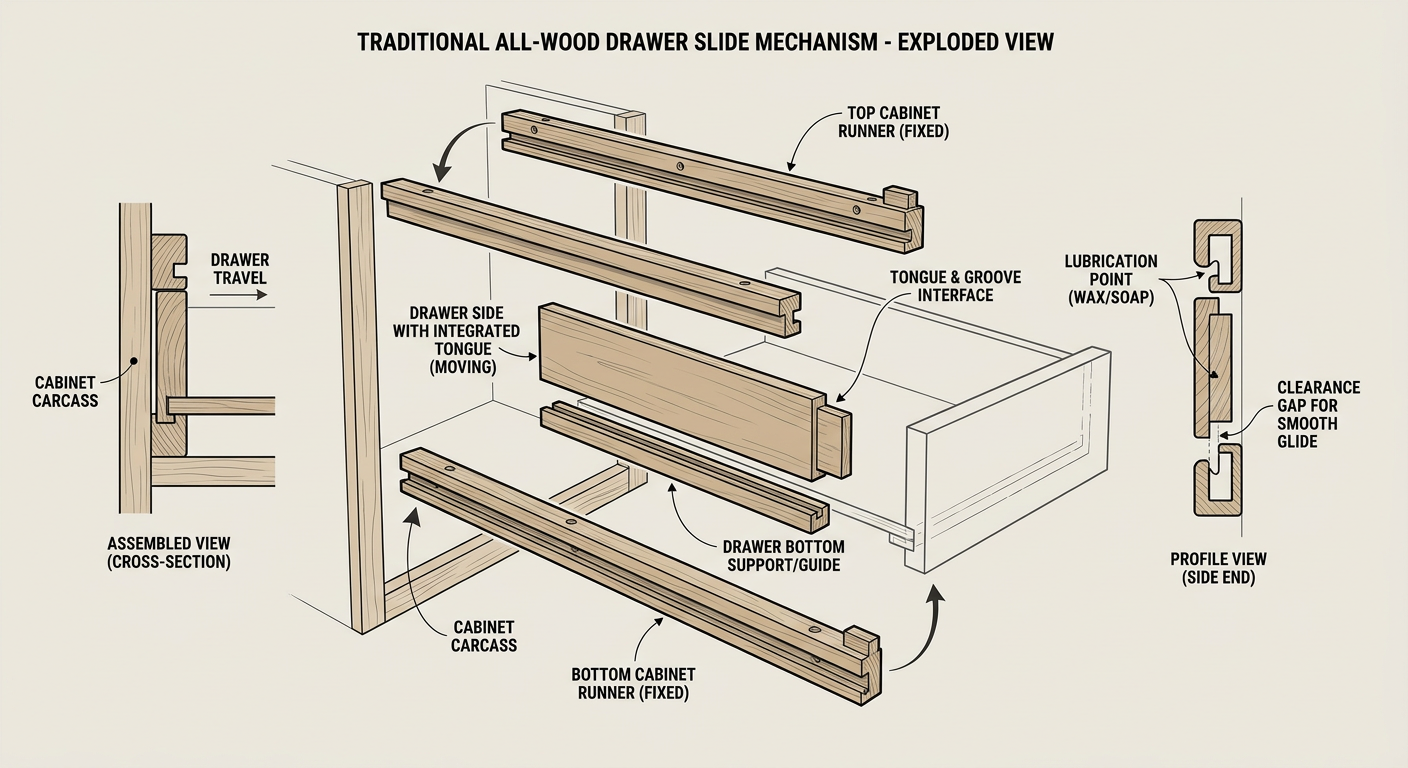 Exploded view of a traditional all-wood drawer slide mechanism