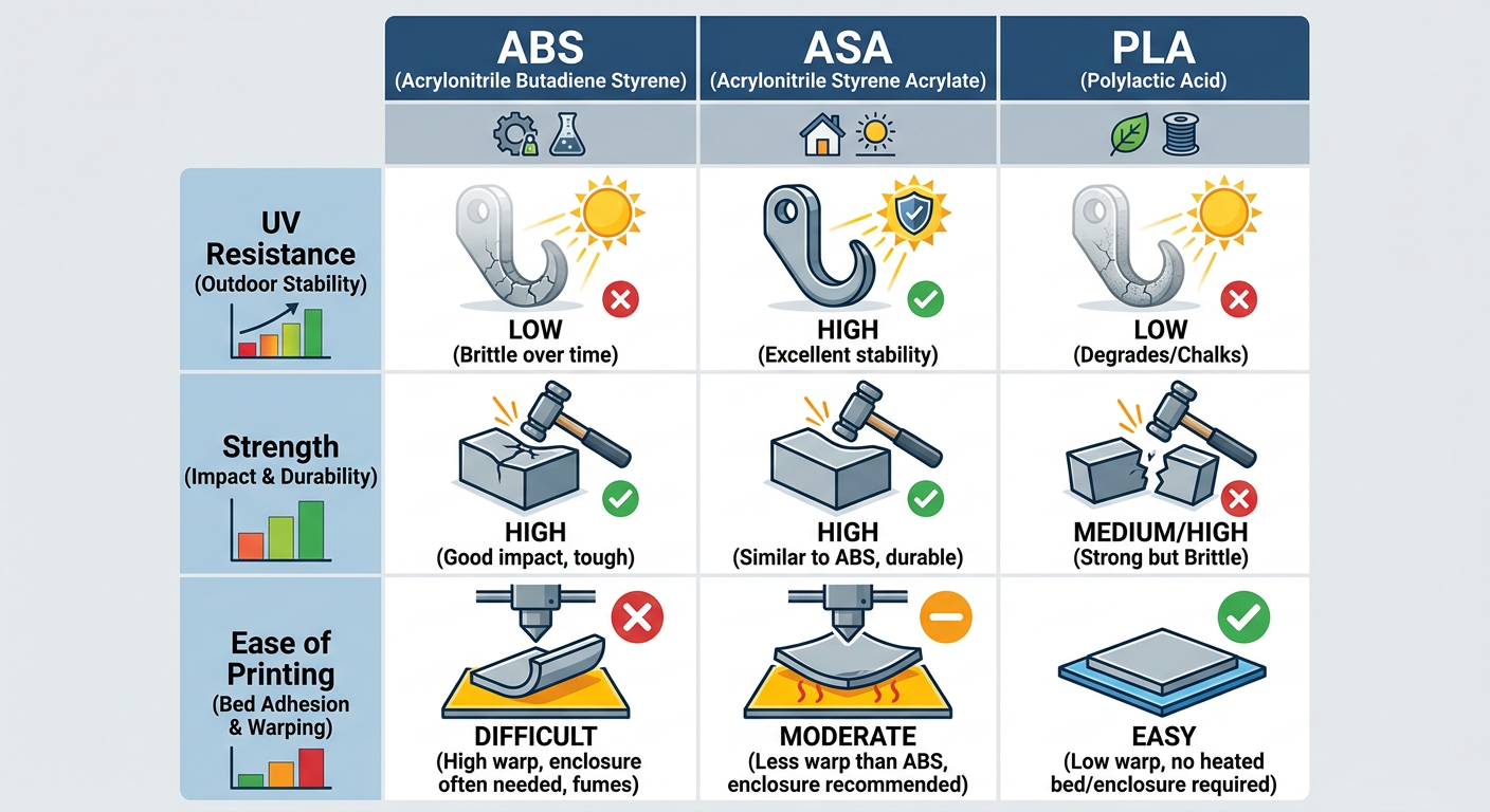 Comparison of FDM Printing Materials: ABS vs ASA vs PLA