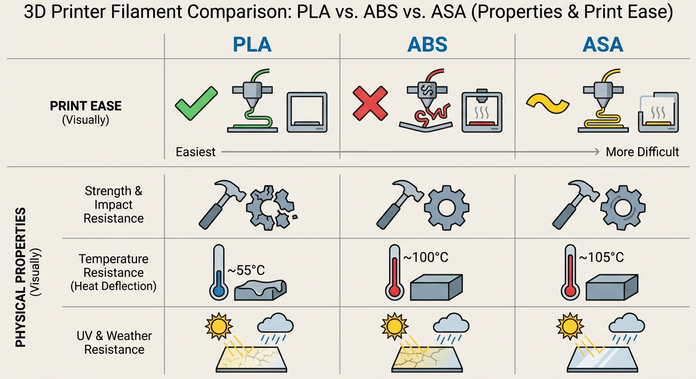 Comparison chart showing the physical properties and print ease of PLA vs. ABS vs. ASA