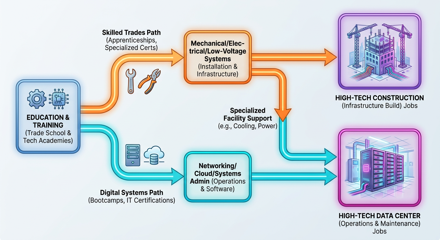 Flowchart showing the paths from Trade School and Tech Academies to High-Tech Construction Jobs