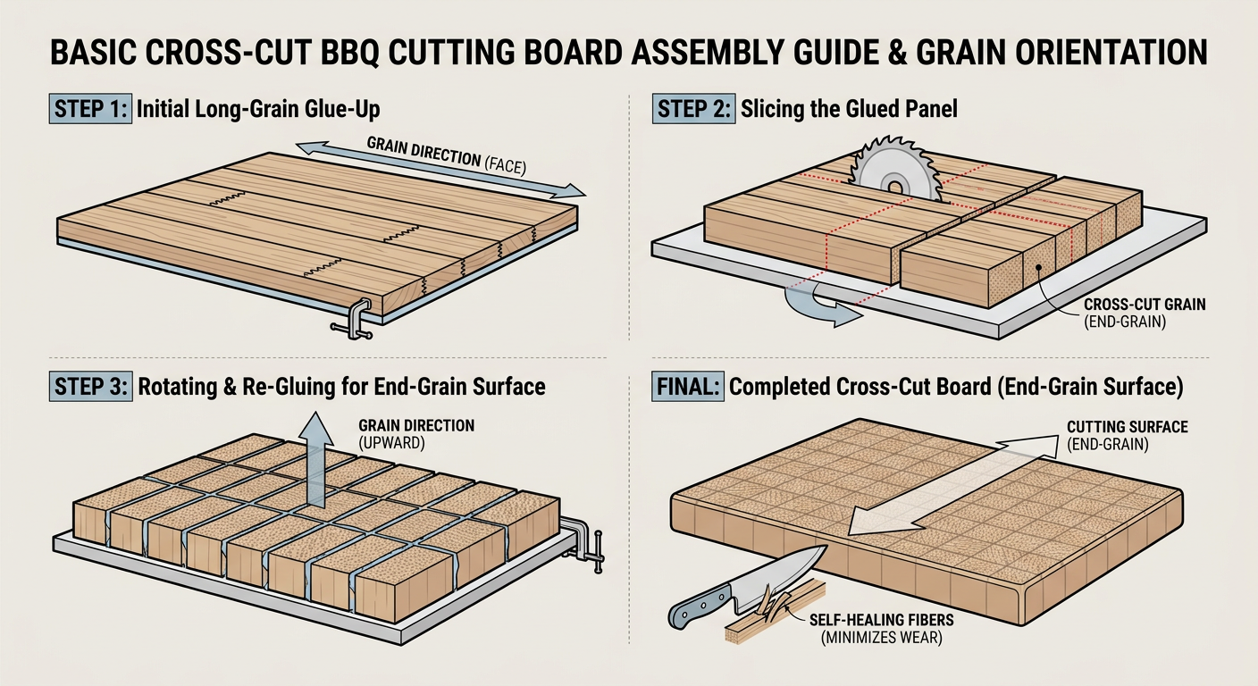 Step-by-step assembly guide for a basic cross-cut BBQ cutting board