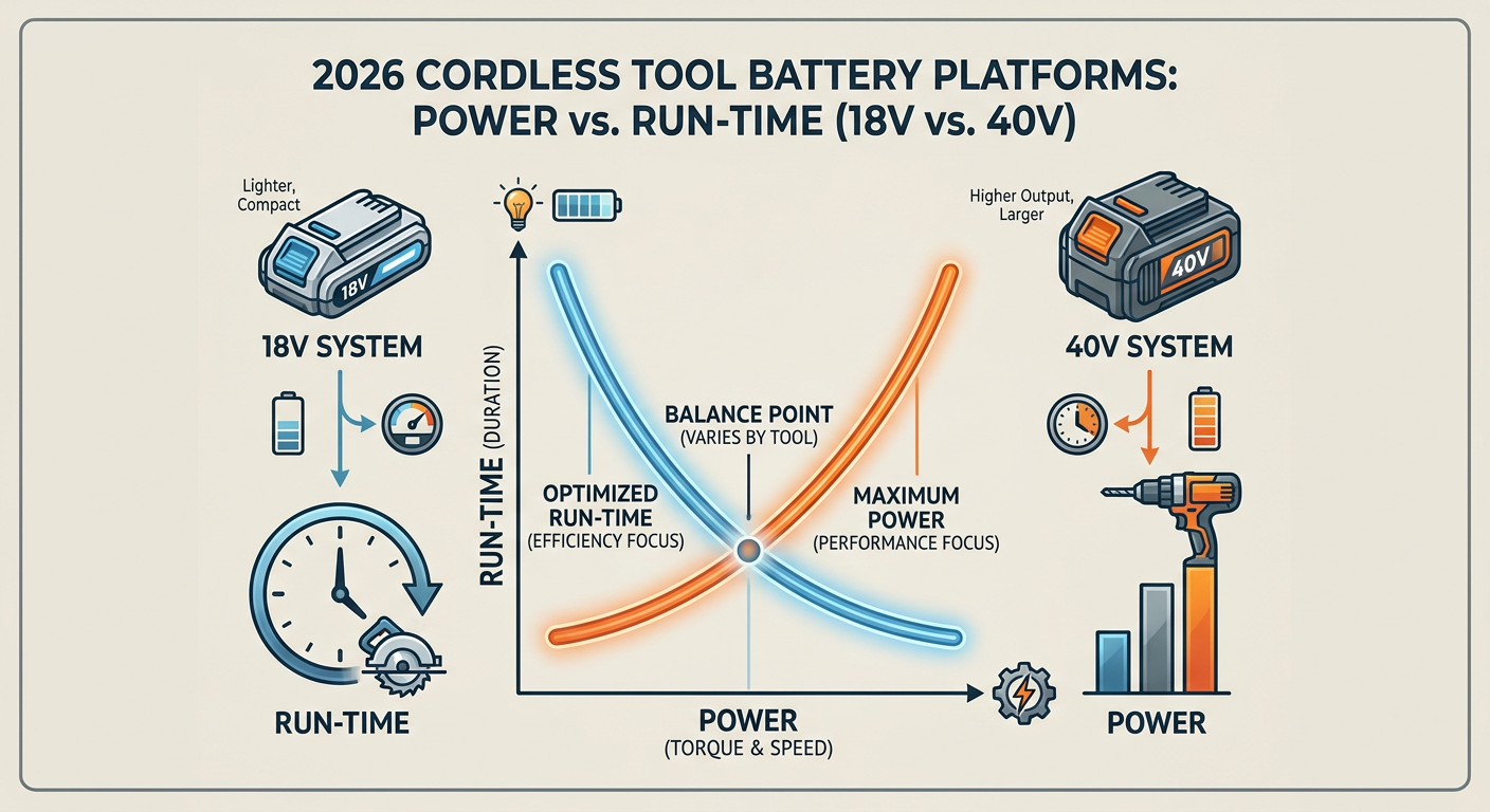 Comparison chart of 2026 Cordless Tool Battery Platforms: Power vs. Run-time for 18V vs. 40V systems