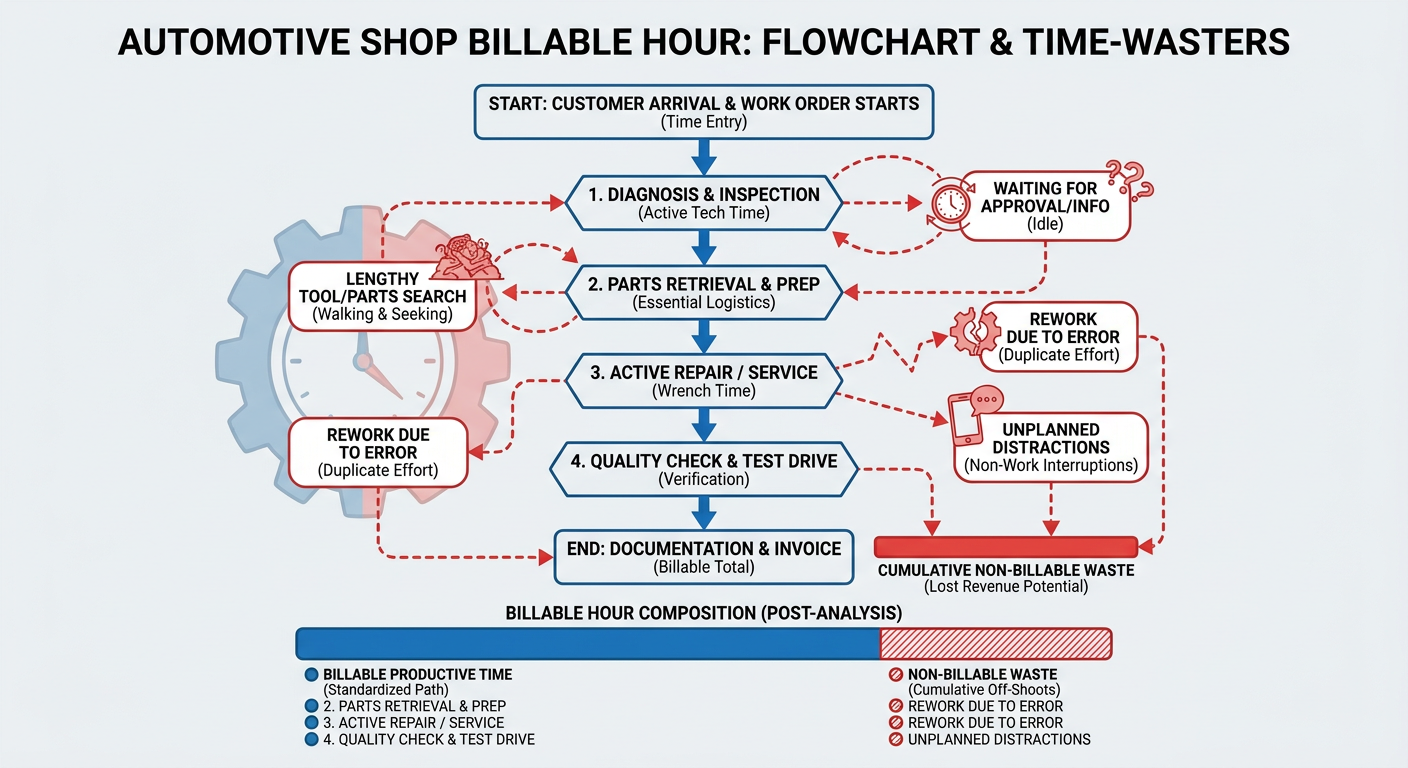 Flowchart of a billable hour: Identifying time-wasters in an automotive shop workflow