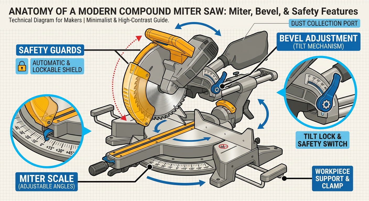 Anatomy of a modern compound miter saw showing bevel, miter, and fence adjustments