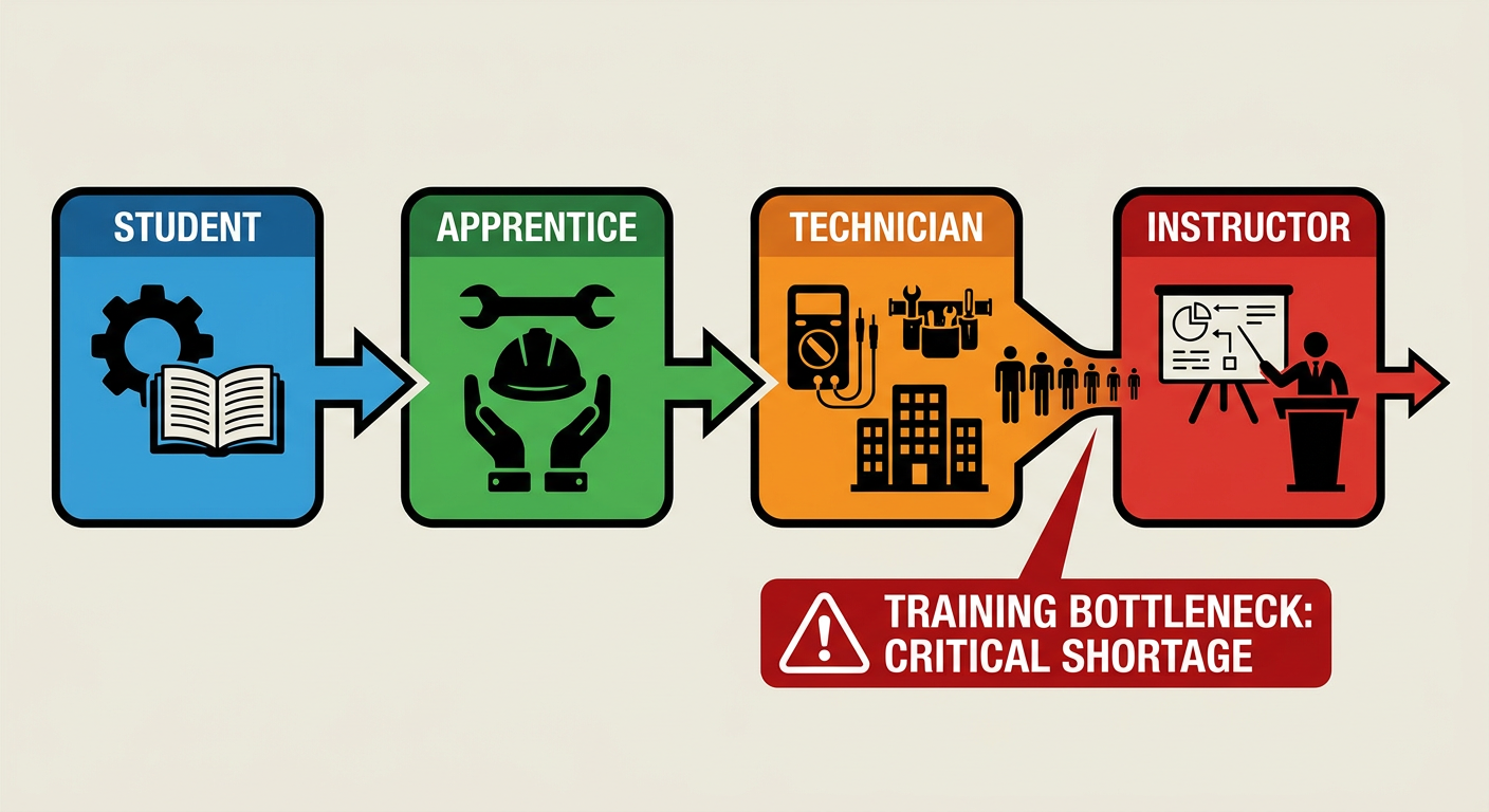 The HVAC talent pipeline showing the bottleneck between student interest and certified technician status due to instructor shortages