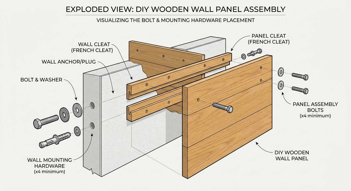 Step-by-step assembly of an industrial wood wall panel with bolt placement