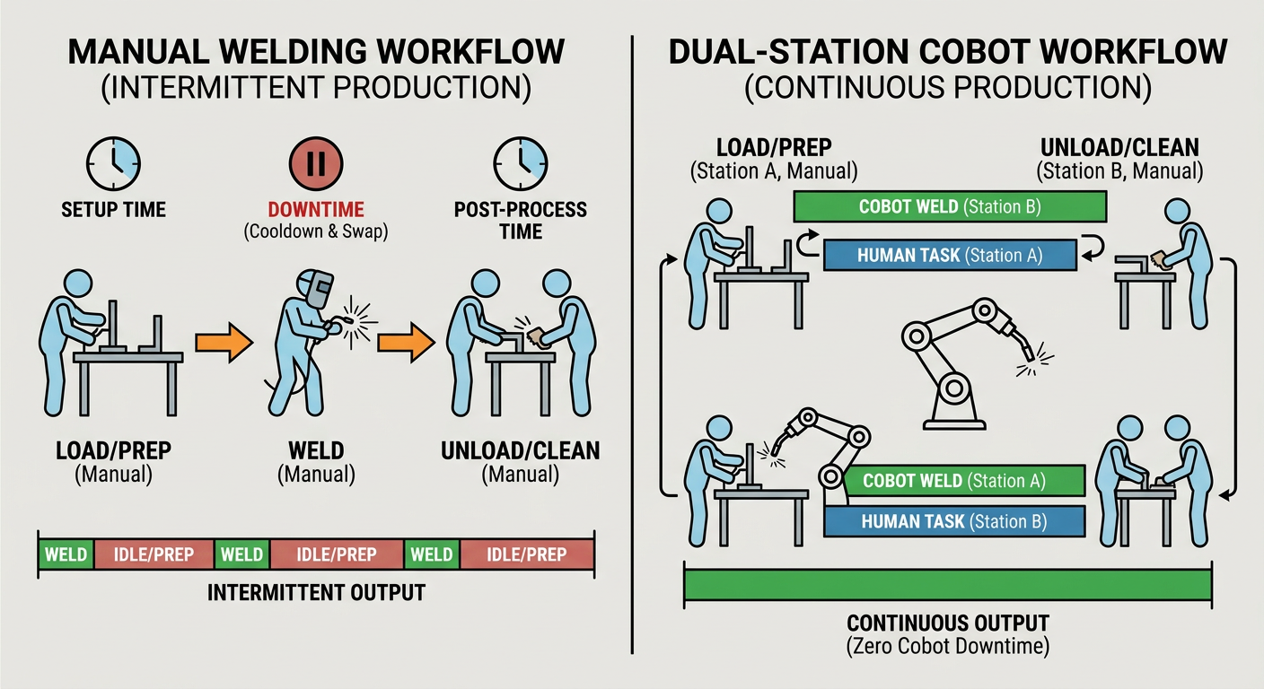 Comparison of manual welding vs. a dual-station cobot workflow efficiency