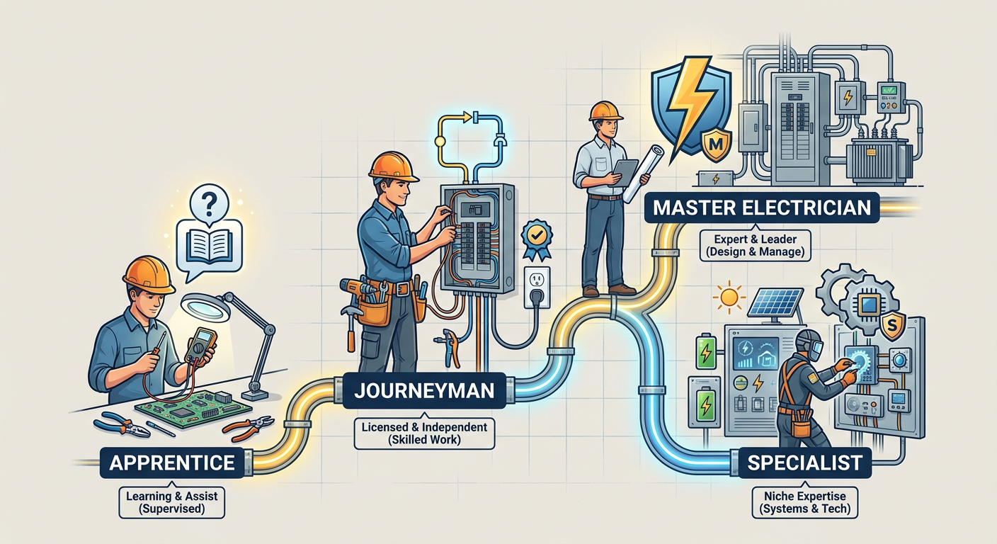Career progression path for electricians from Apprentice to Master Electrician/Specialist