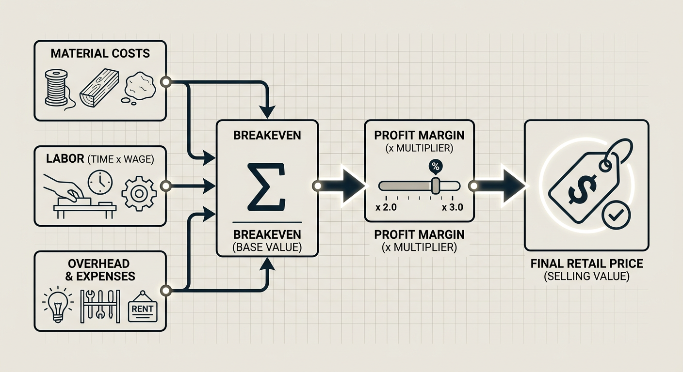 A pricing formula flowchart for handmade products including material costs, labor, overhead, and profit margin