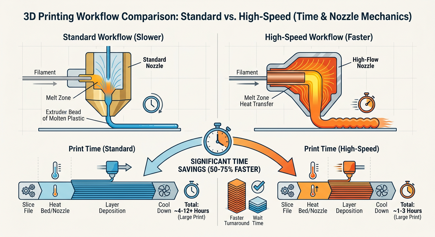 Comparison of standard vs. high-speed 3D printing workflows showing time savings and nozzle mechanics