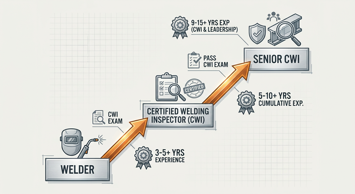 Career progression path from Welder to Certified Welding Inspector (CWI) to Senior CWI including approximate experience requirements