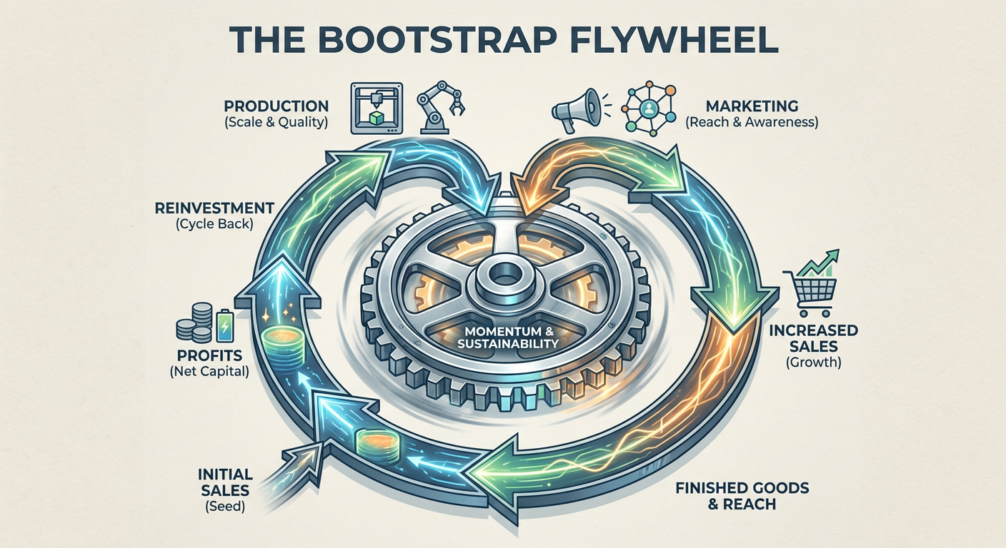 The 'Bootstrap Flywheel' showing how to cycle profits from initial sales back into production and marketing