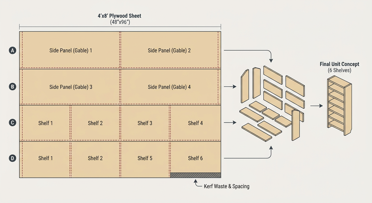 Breakdown of a 4x8 plywood sheet optimization for a standard shelving unit