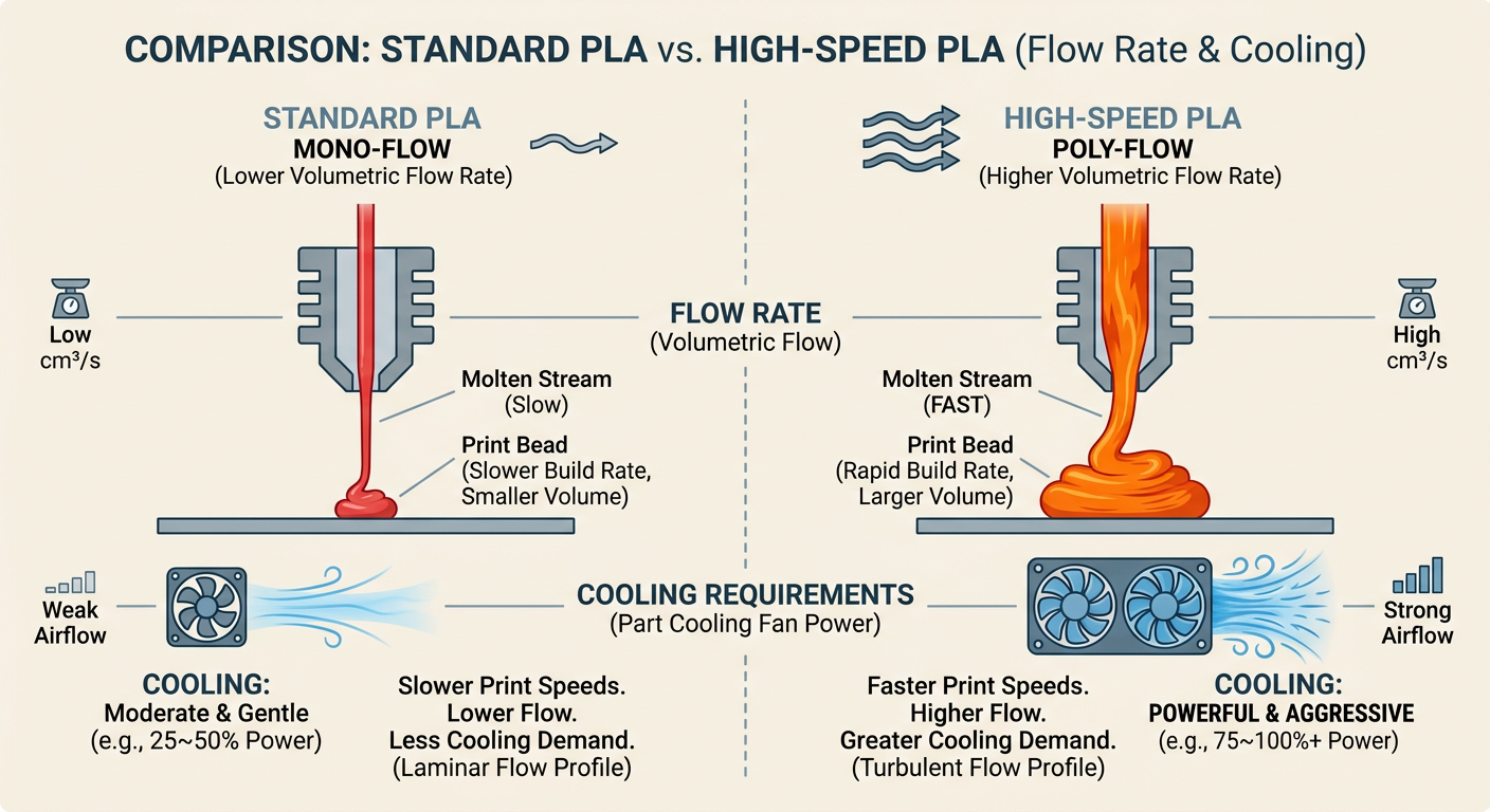 Comparison of standard PLA vs High-Speed PLA flow rates and cooling requirements