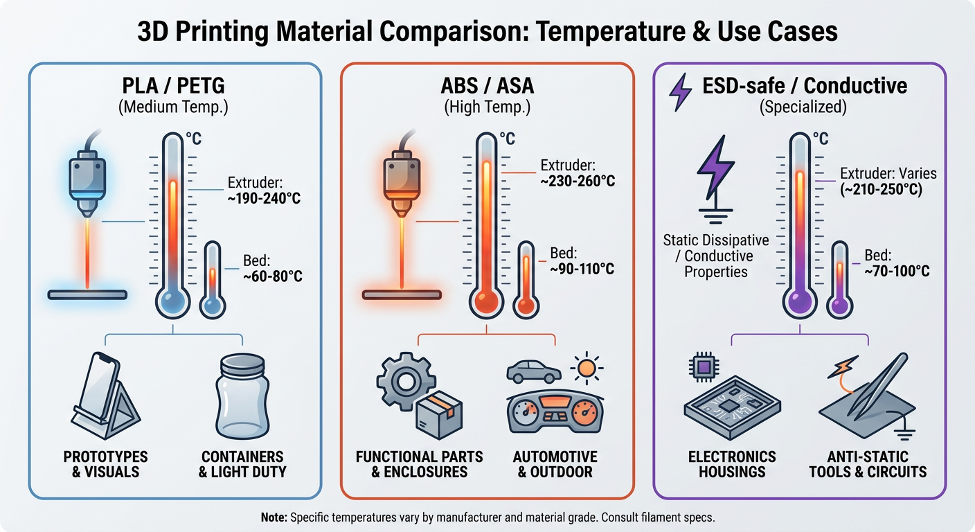 Comparison chart of 3D printing materials: PLA/PETG vs. ABS/ASA vs. ESD-Safe/Conductive, showing temperature requirements and use cases