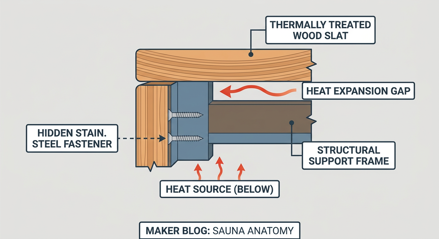 Cross-section of a sauna bench highlighting hidden stainless steel fasteners and expansion gaps for heat