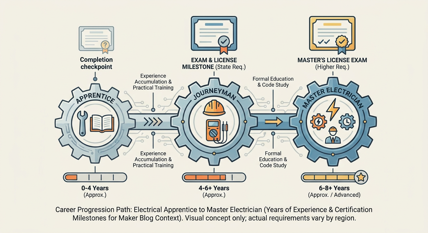 Career progression path from Electrical Apprentice to Master Electrician with projected salary growth