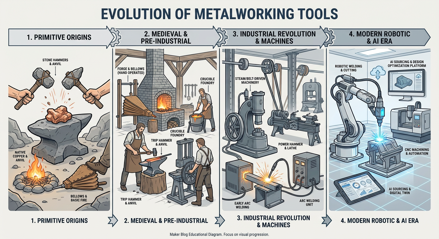 Evolution of Metalworking Tools - From primitive stones/bellows to modern robotic welding arms