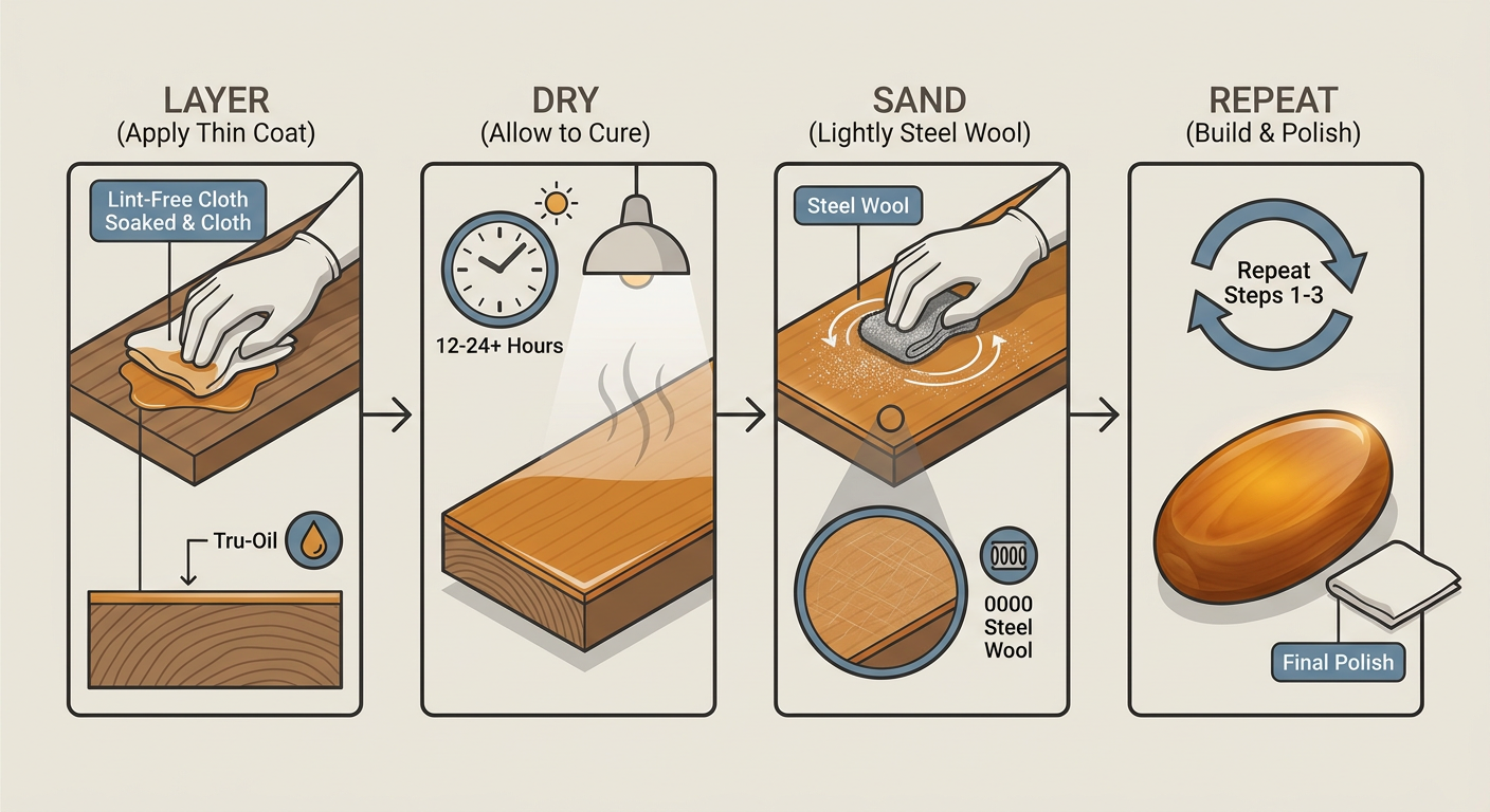Tru-Oil Application Process - The layering and sanding steps for a professional wood finish