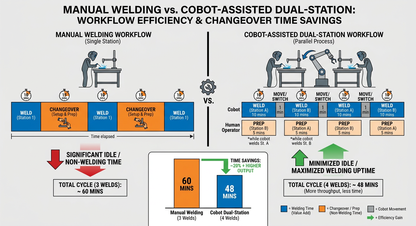 Comparison of manual welding vs. cobot-assisted dual-station workflow efficiency
