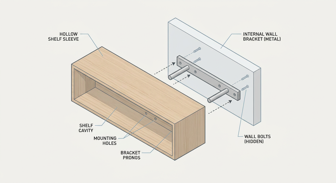 Exploded view of a modern floating shelf internal support structure