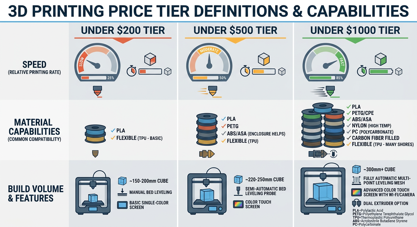 Comparison of 3D printing price tiers and typical features for each bracket