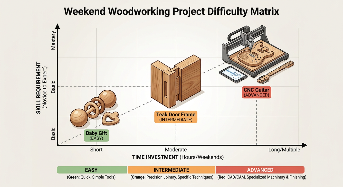 Weekend Woodworking Project Difficulty Matrix - Baby Gifts vs Door Frames vs CNC Guitars