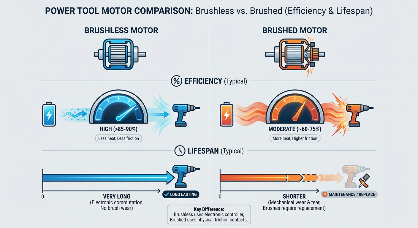 Comparison chart of Brushless vs Brushed motor efficiency and lifespan for power tools