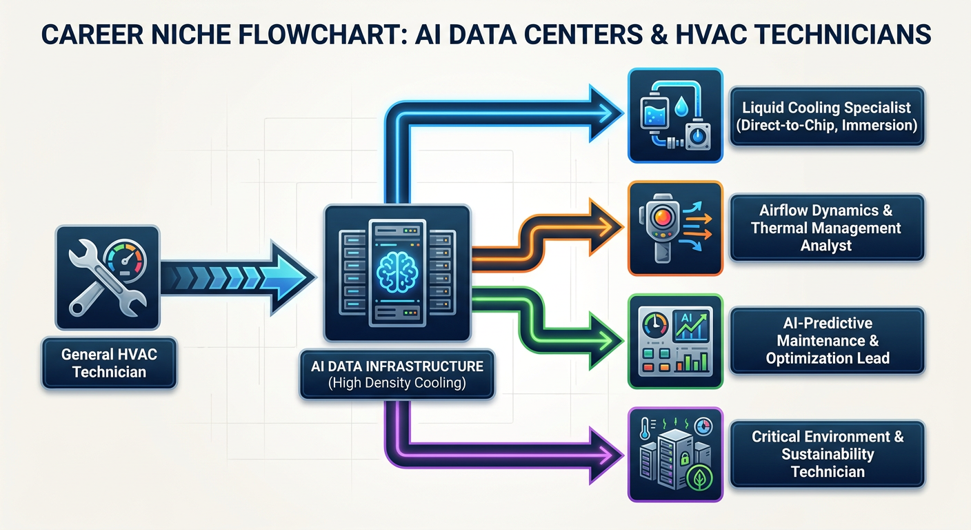 Flowchart showing how AI data centers create specialized career niches for HVAC technicians