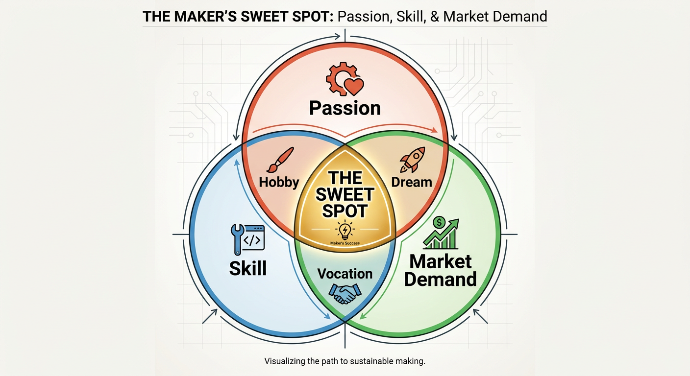 Venn diagram showing the 'Sweet Spot' for makers: Passion vs Skill vs Market Demand