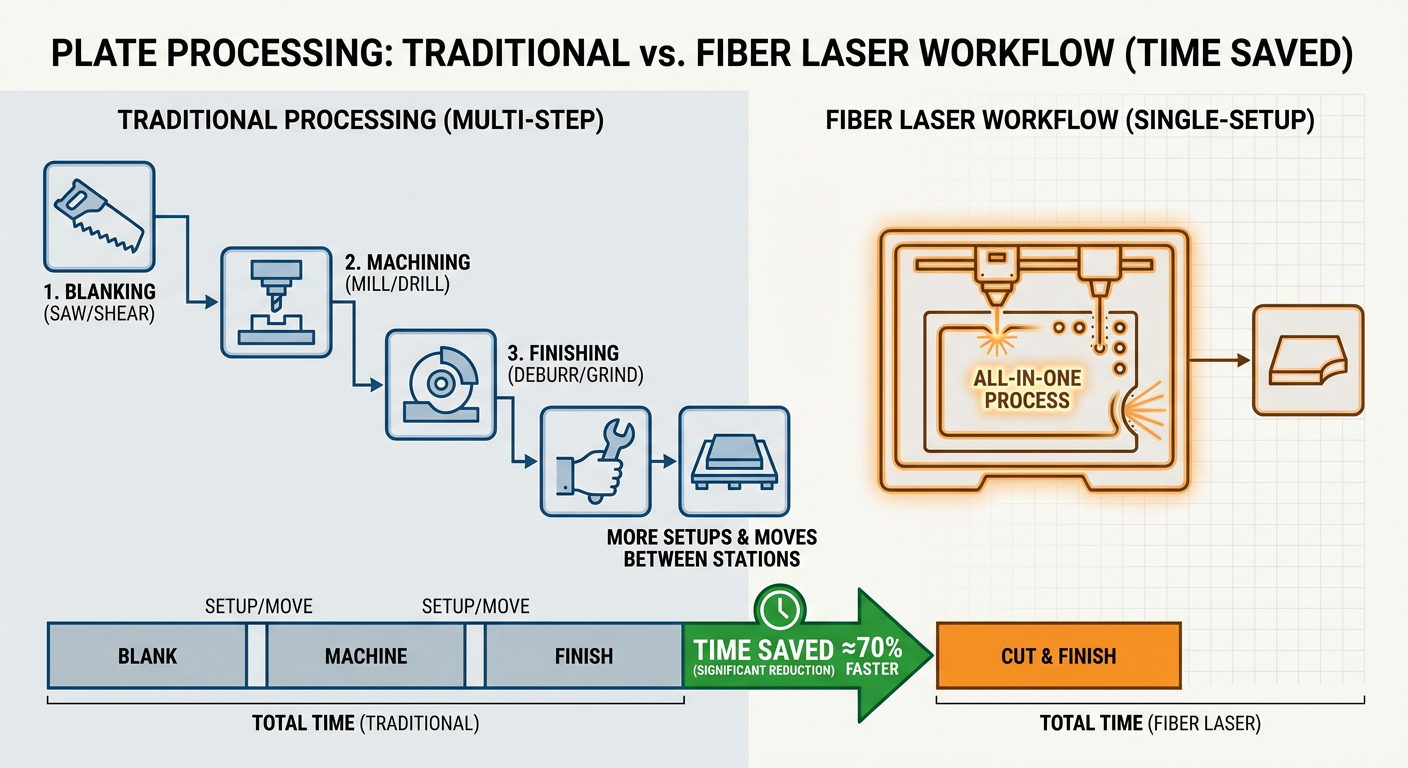 Comparison of traditional plate processing steps vs. the single-setup fiber laser workflow