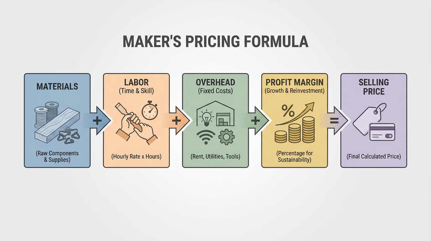Pricing formula for handmade goods: Materials + Labor + Overhead + Profit Margin