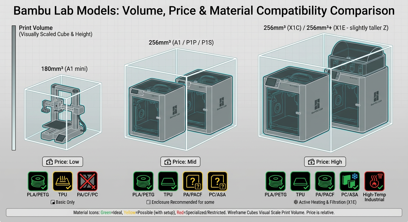 Comparison of Bambu Lab models by print volume, price, and material compatibility