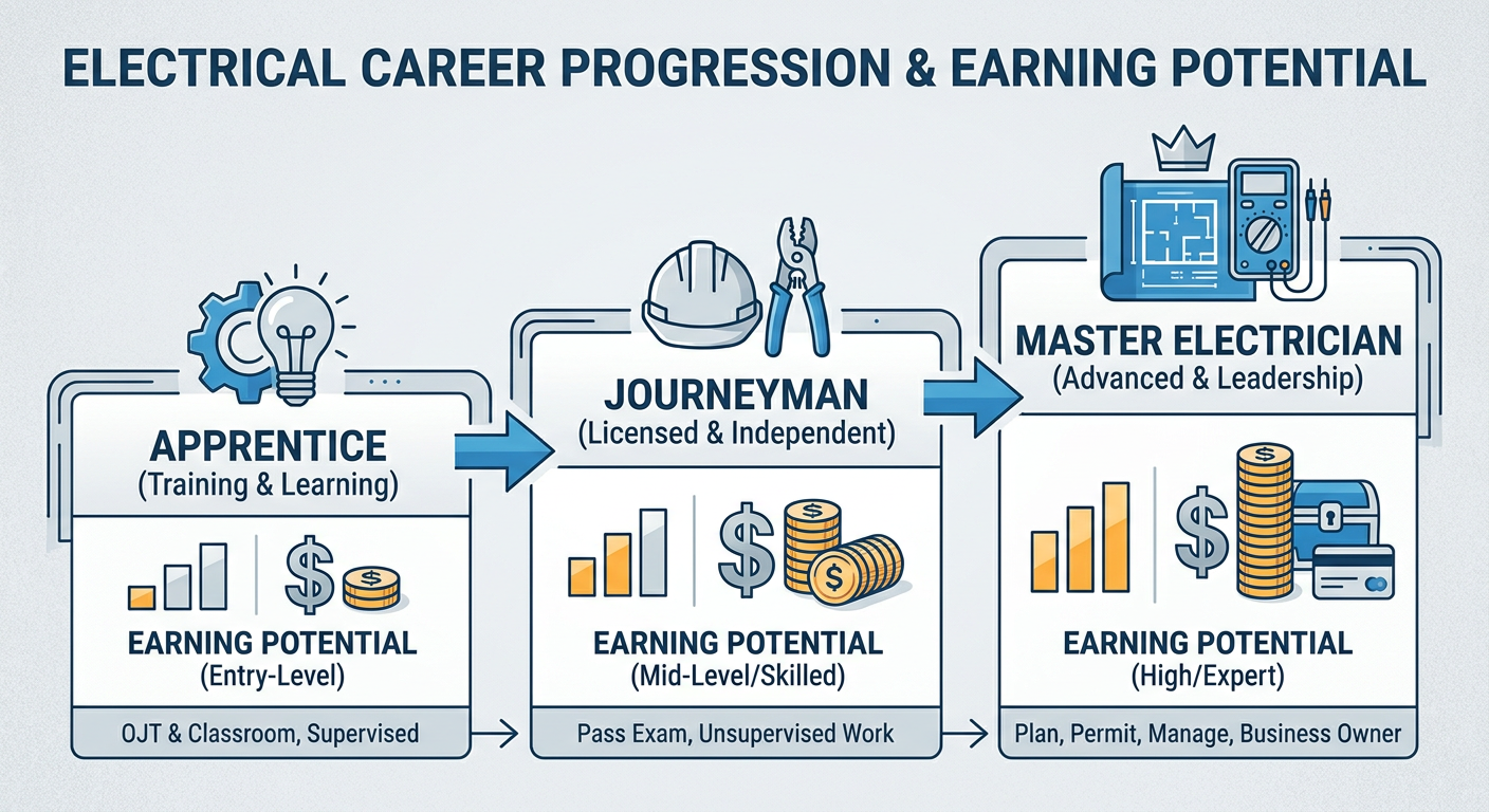 Electrical career progression from Apprentice to Journeyman to Master Electrician with earning potential