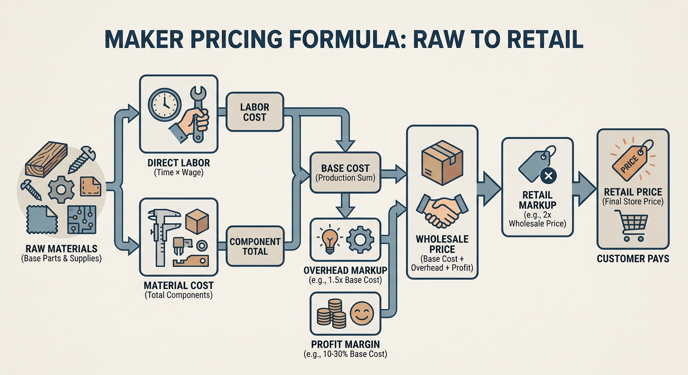 Flowchart of the 'Maker Pricing Formula' showing the journey from raw materials to retail price