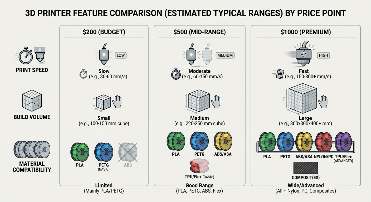 Comparison chart of 3D printer features across different price points