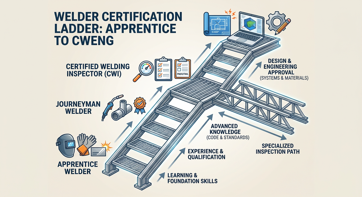 The certification ladder for professional welders from Apprentice to Engineer