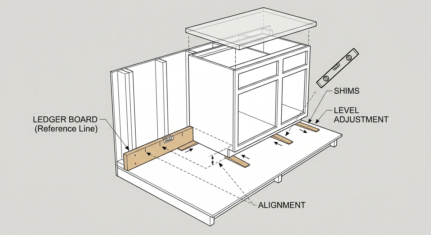 Exploded view of a kitchen cabinet installation showing shim placement and leveling points
