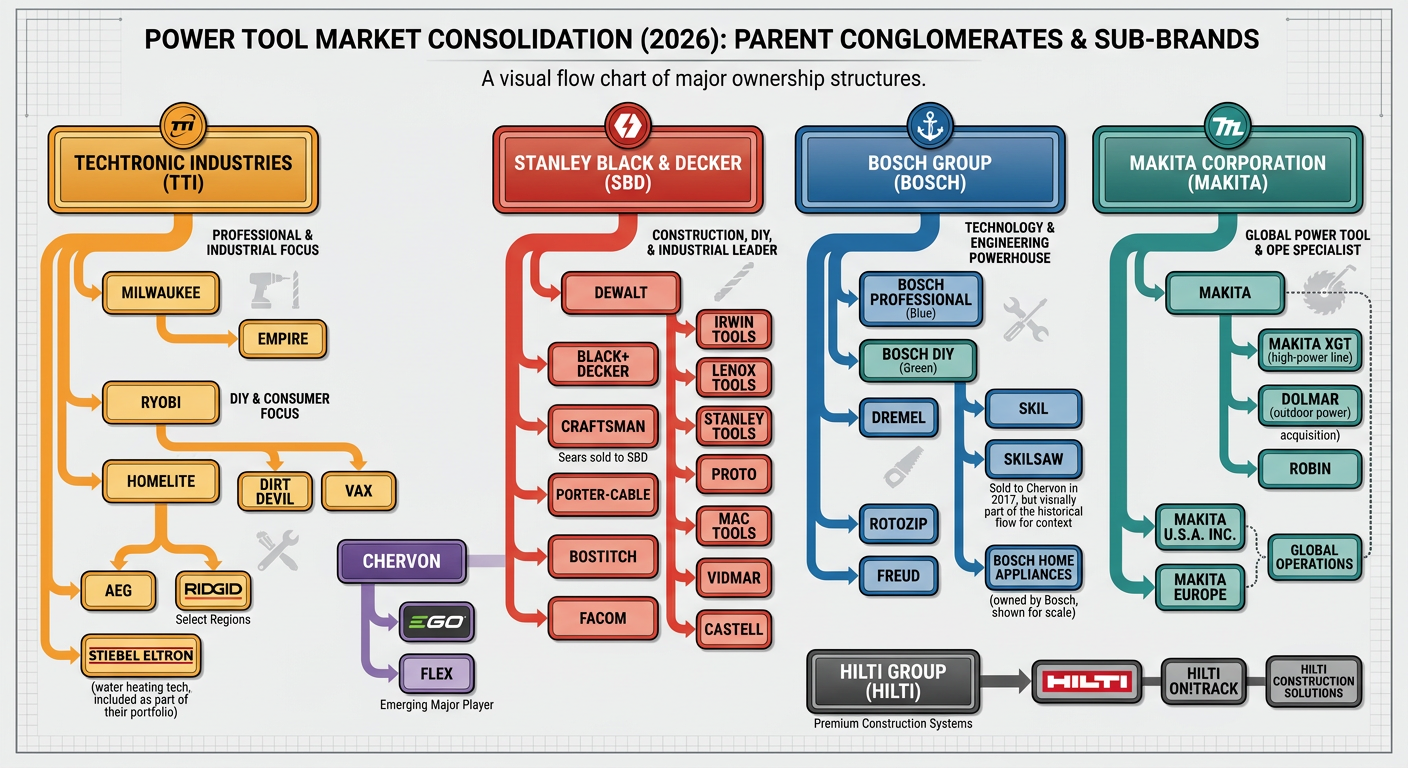 Corporate family tree of major 2026 power tool brands
