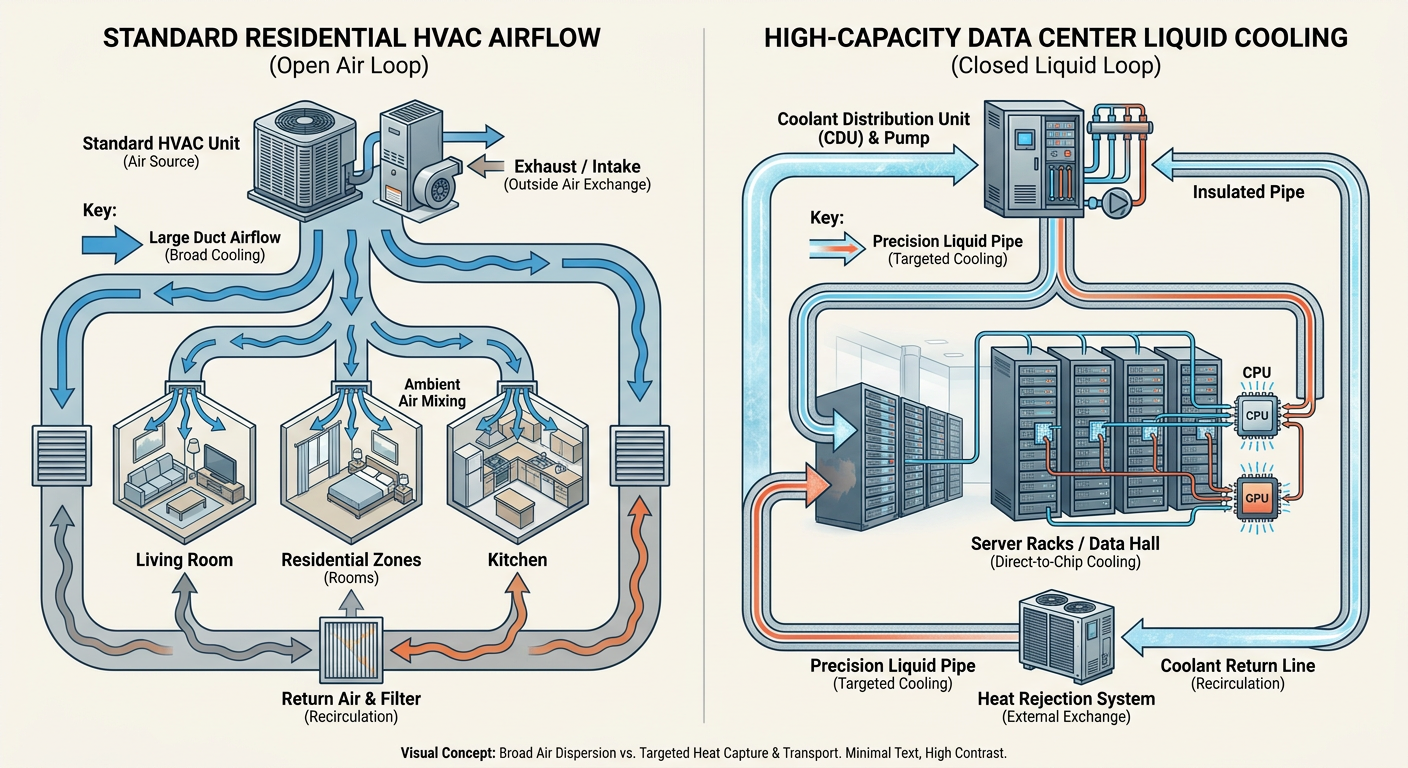 Comparison of traditional HVAC cooling vs. Data Center liquid cooling requirements