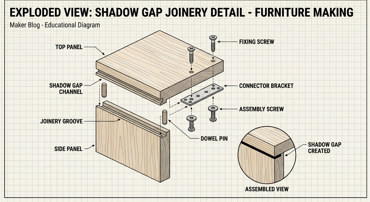 Exploded view of a shadow gap joinery detail