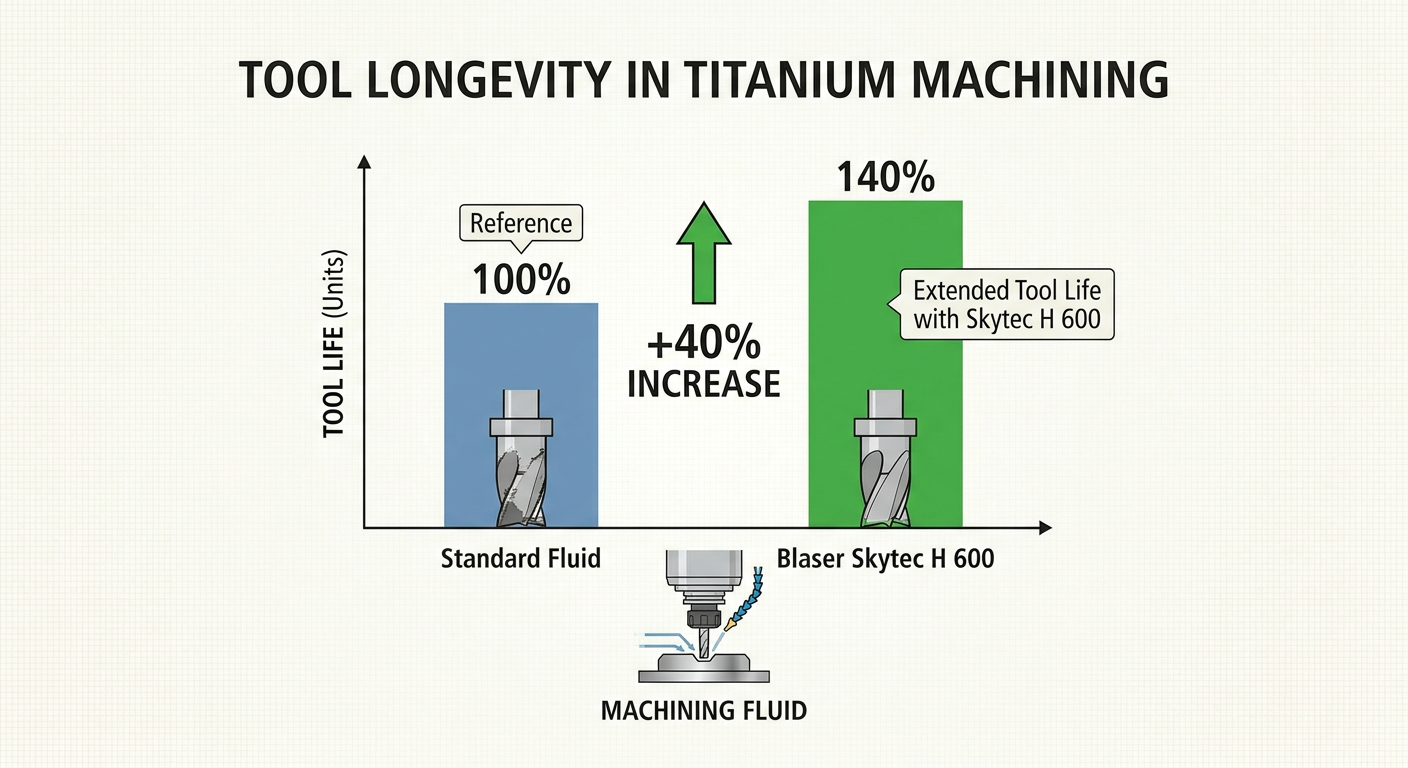 Comparison chart showing tool life extending by 40% when using Skytec vs standard fluids on titanium