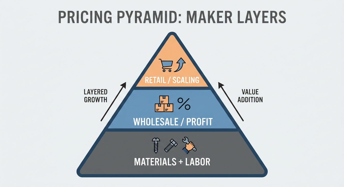 Visual breakdown of the Handmade Pricing Formula: Materials + Labor to Retail