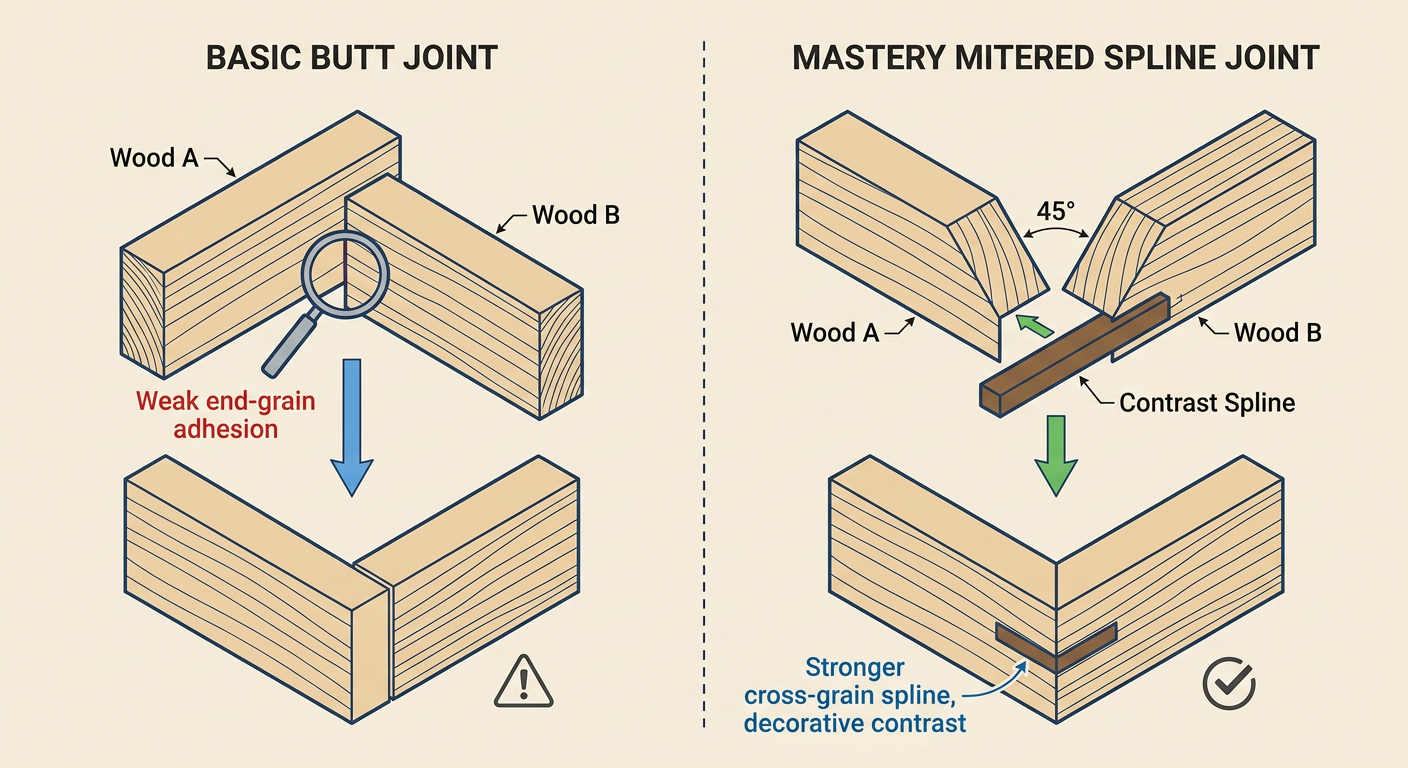 Anatomy of a High-End Joint—Comparing a basic butt joint to a reinforced miter with a decorative spline.