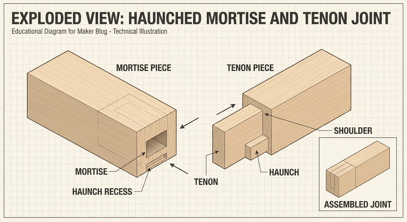 Exploded view of a complex mortise and tenon joint