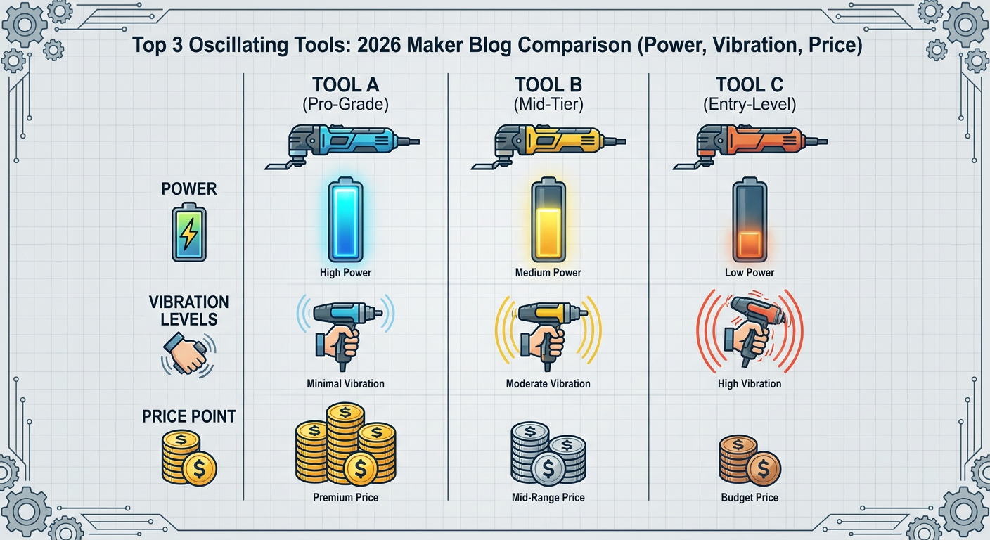 Comparison of 2026's top 3 oscillating tools showing power, vibration levels, and price points