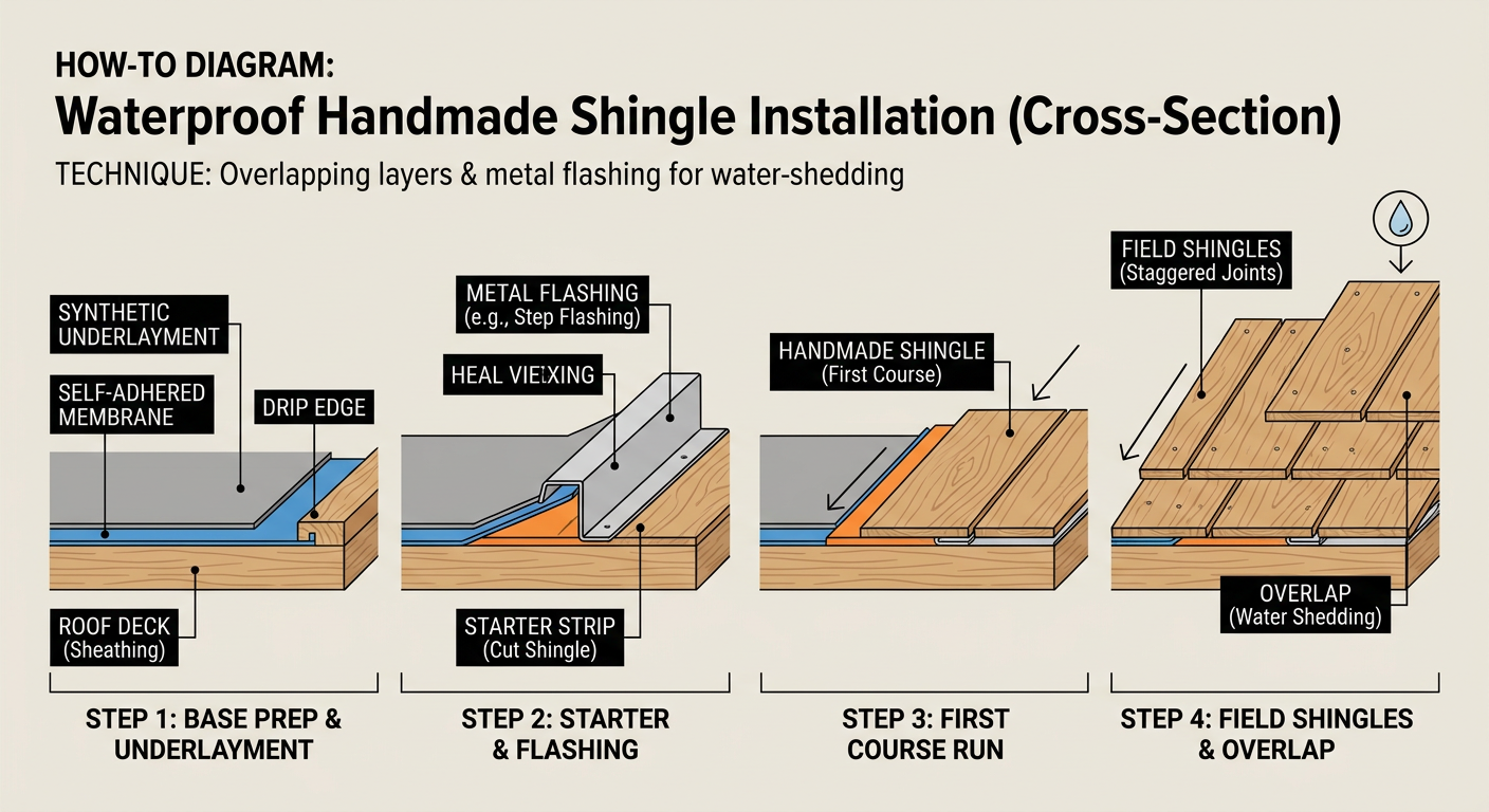 Step-by-step cross-section of a waterproof handmade shingle installation