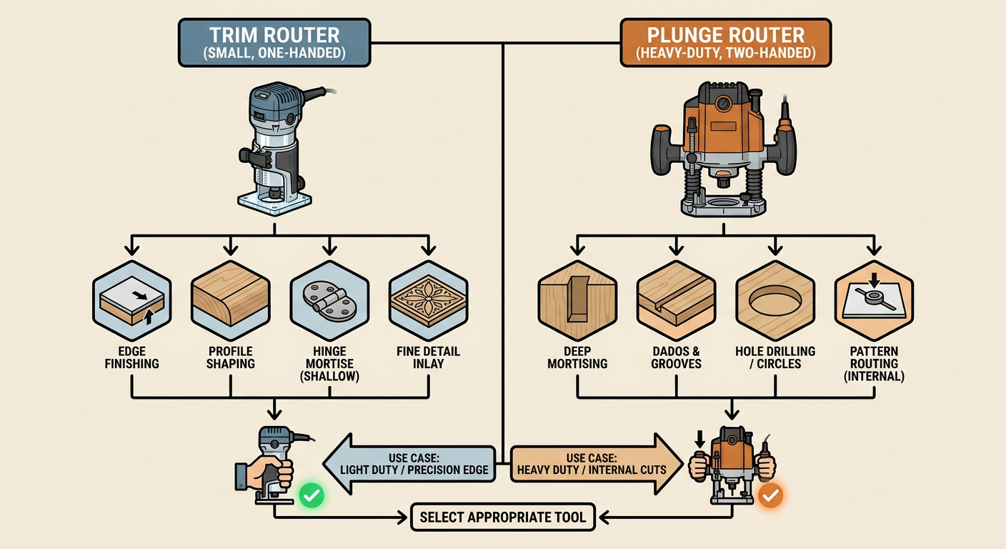 Comparison of Trim Router vs. Plunge Router use cases