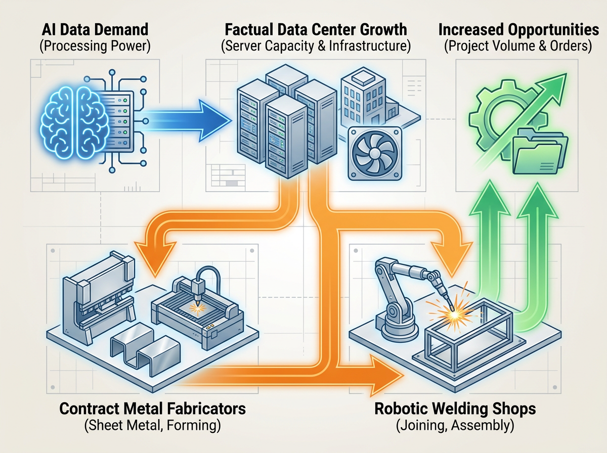 Flowchart showing how AI demand in data centers leads to increased opportunities for contract metal fabricators and robotic welding shops