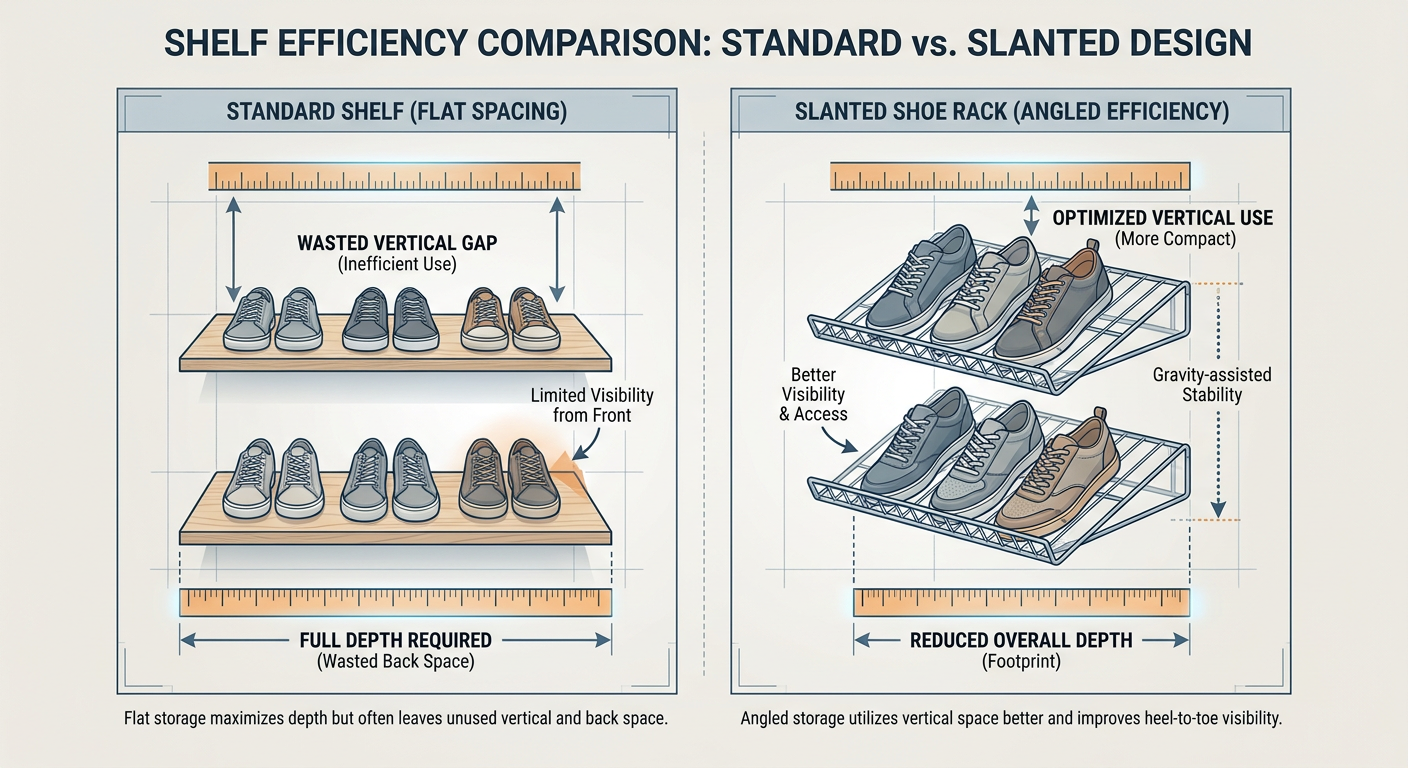 Comparison of standard shelf spacing vs. slanted shoe rack efficiency for small space organization